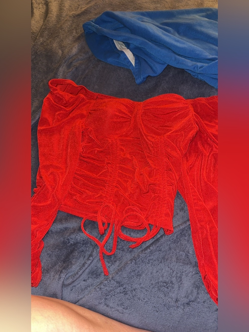 Red Ruched Top - Off-Shoulder Long Sleeve